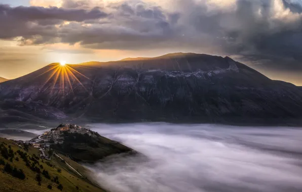 Mountains, dawn, height, settlement, solche