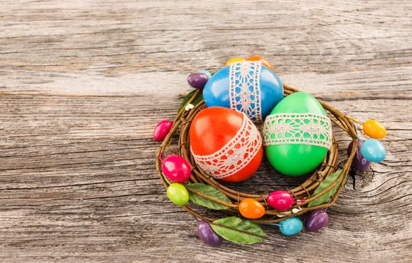 Eggs, colorful, Easter, happy, wood, Easter, eggs, decoration