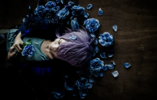 Flowers, roses, anime, guy, cosplay, blue roses