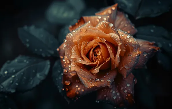 Flower, leaves, drops, macro, the dark background, rose, orange, petals