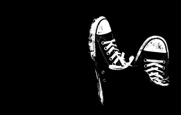 Picture black and white, shoes, sneakers, minimalism, black background, laces
