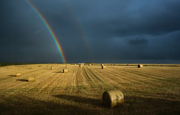 Field, the sky, light, clouds, rainbow, hay, bales, shadows