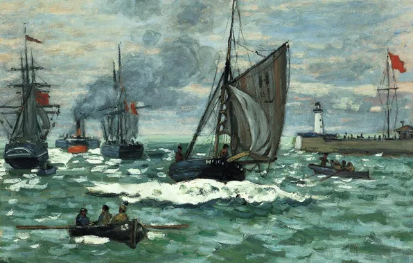 Sea, boat, lighthouse, ship, picture, sail, seascape, Claude Monet