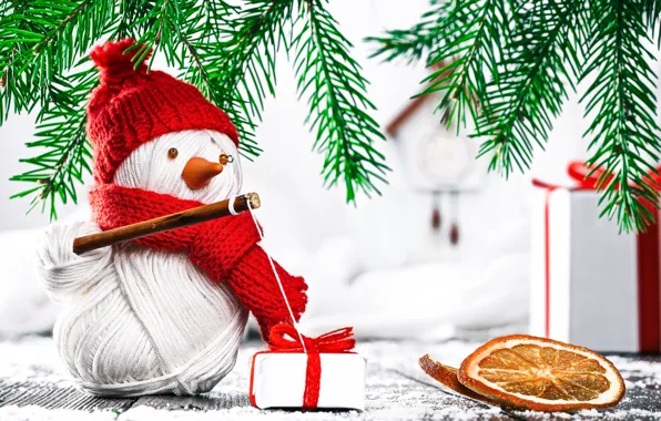 Background, gift, spruce, branch, New year, snowman, box, gift