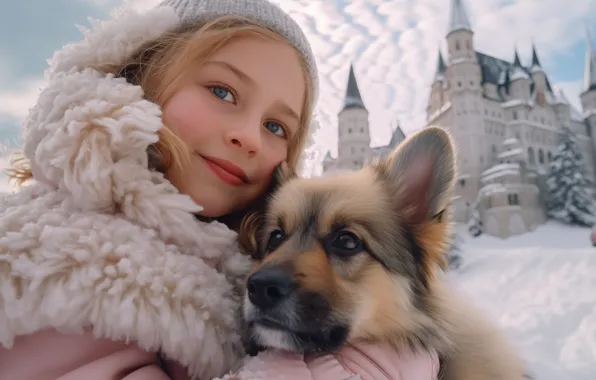 Winter, look, clouds, snow, face, smile, castle, kindness