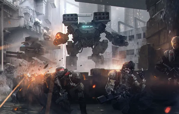 Picture the city, fiction, war, street, robot, soldiers, destruction, squad