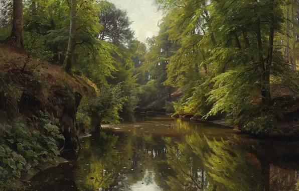 Picture nature, picture, Peter Merk Of Menstad, Peder Mørk Mønsted, Forest Landscape with River