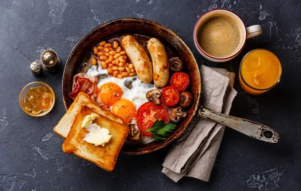 Sausage, scrambled eggs, tomato, bacon, pan, toast, beans