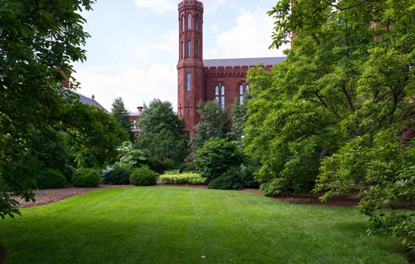 Greens, the sky, grass, clouds, trees, Park, castle, lawn