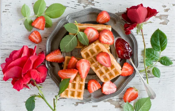 Picture flowers, berries, roses, strawberry, waffles