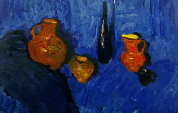 Picture 2008, pitcher, still life, blue background, a bottle of wine, The petyaev