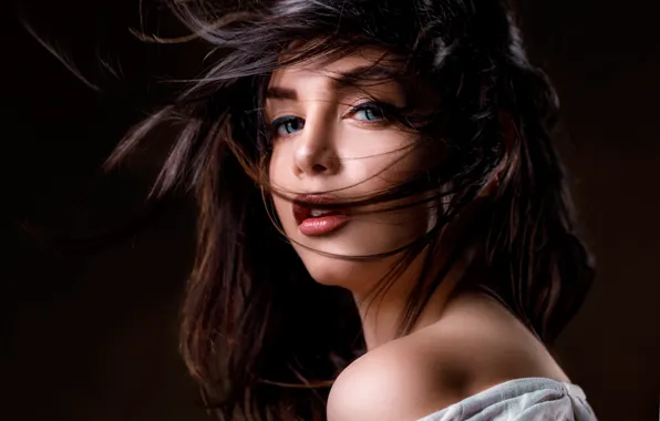 Look, girl, face, hair, portrait, shoulder, the dark background, Alex Darash