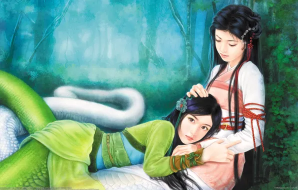Forest, snakes, girls, art, tail, lies, kimono, wen chen yen