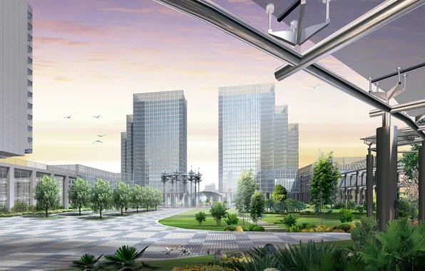 Road, the sky, grass, trees, the city, bird, spring, skyscrapers