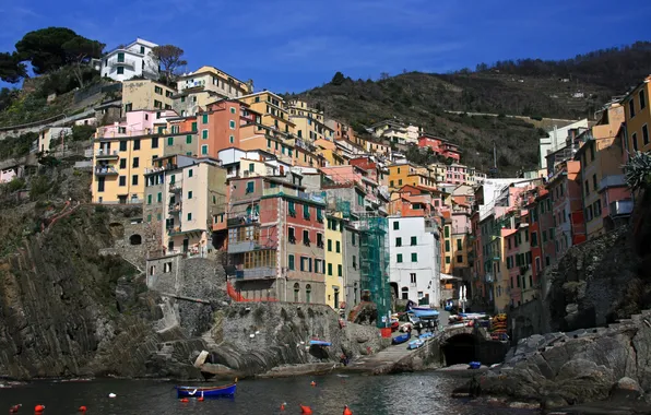 The city, photo, rocks, boat, Italy, Riomaggiore, Liguria