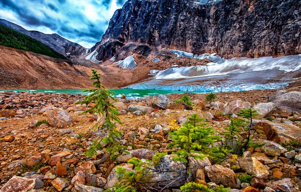 The sky, clouds, snow, mountains, lake, stones, glacier, Alberta