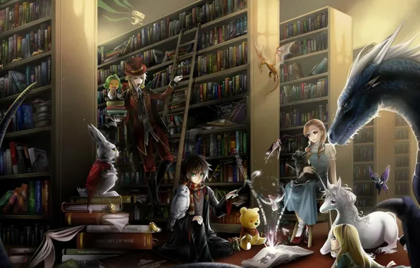 Owl, magic, dragon, books, unicorn, library, Alice in Wonderland, Winnie the Pooh