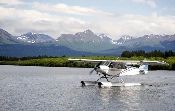 Clouds, landscape, mountains, river, on the water, seaplane