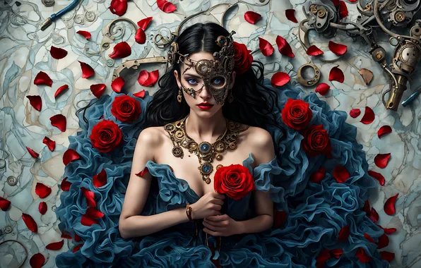 Look, girl, decoration, flowers, pose, roses, petals, mask