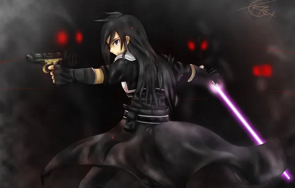 Picture gun, sword, red eyes, the fight, Kirito, black cloak, in the dark, red lines