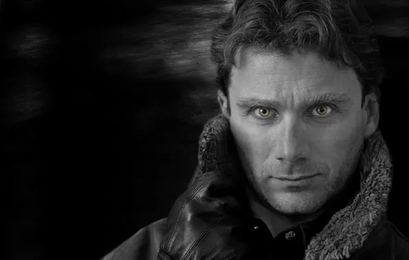 Night, Eyes, gloves, Man, jacket, Leather, B & W