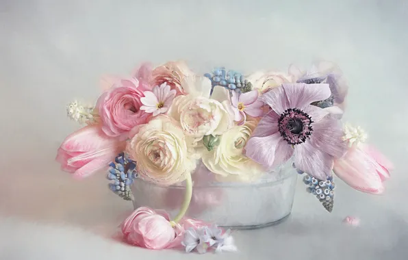 Flowers, bouquet, blue, art, tulips, pink, white, still life