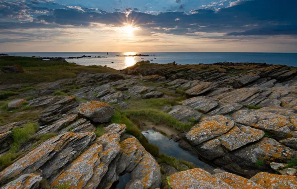 Sea, clouds, sunset, stones, coast