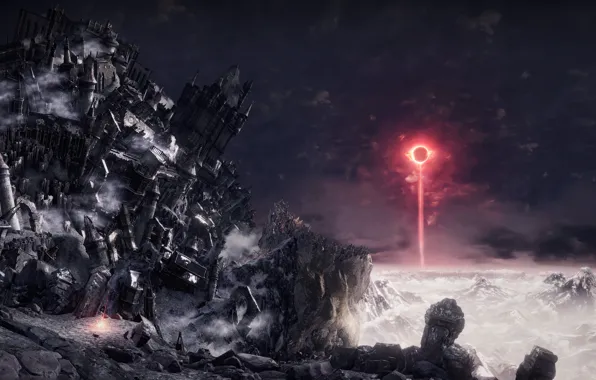 Mountains, ray, Eclipse, Dark Souls III, destruction of the castle, The sword of battle