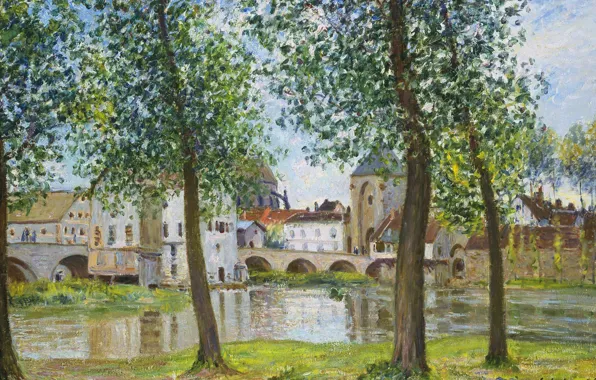 Wallpaper trees, landscape, river, home, picture, Alfred Sisley, Alfred Sisley, The bridge at Moret-sur-Luena