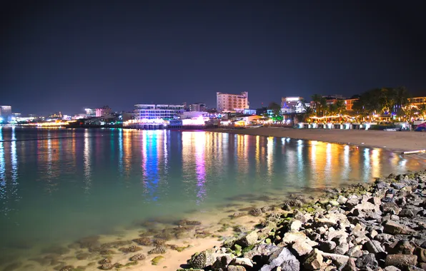 Sea, beach, night, lights, stones, Thailand, Pattaya