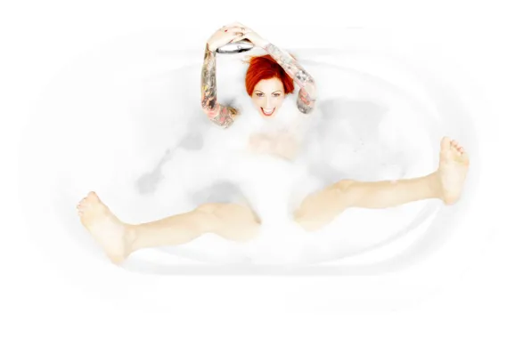 Foam, girl, feet, laughter, bath, red, girl, tattoo