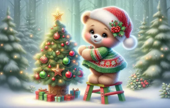 Winter, forest, snow, new year, Christmas, bear, the snow, bear