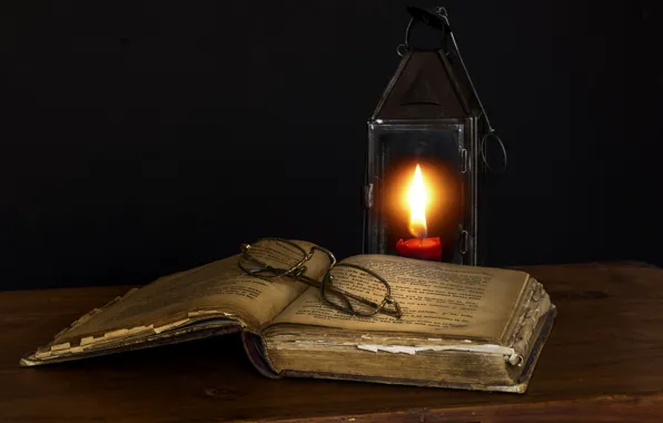 GLASSES, LAMP, CANDLE, BOOK