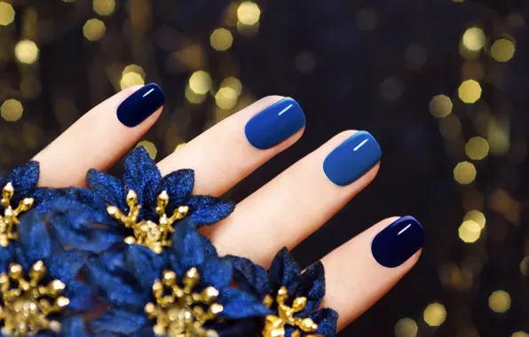 Macro, background, fingers, flowers, nails, blue, manicure