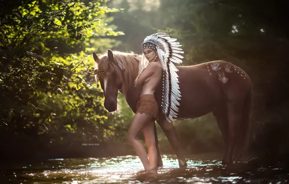 Forest, look, girl, the sun, trees, pose, stream, model