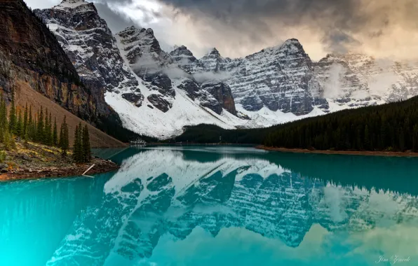 Forest, water, snow, trees, mountains, clouds, reflection, stones
