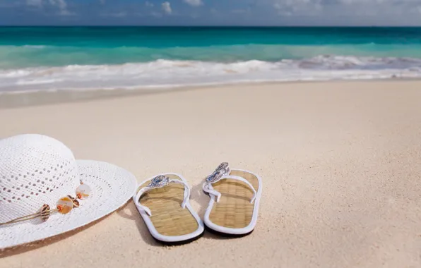 Picture sand, sea, water, the ocean, shore, hat, slates, Slippers