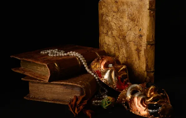 Picture flowers, necklace, mask, book, still life, carnival