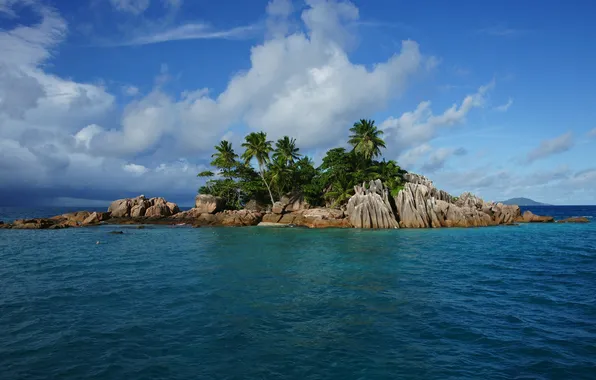 The sky, clouds, landscape, nature, palm trees, the ocean, rocks, island