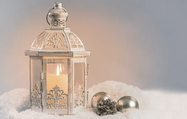 Balls, snow, holiday, candle, Christmas, lantern, New year, Christmas decorations