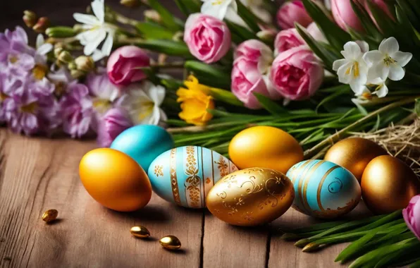 Picture flowers, eggs, spring, colorful, Easter, happy, flowers, spring