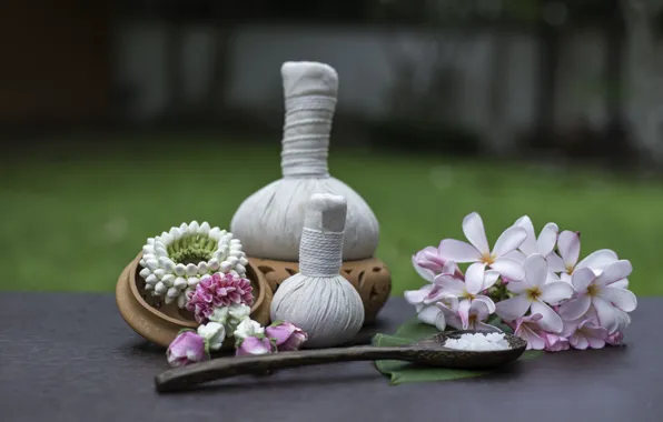 Flowers, Spa, bags, plumeria, sea salt