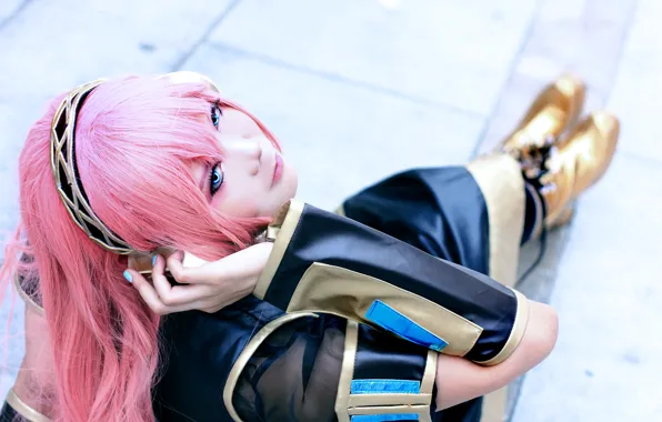 Picture girl, headphones, costume, Vocaloid, cosplay, pink hair, Megurine Luka