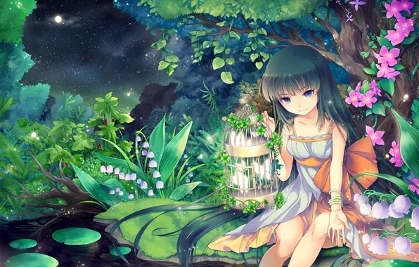 Night, nature, stream, the moon, stars, anime, art, girl