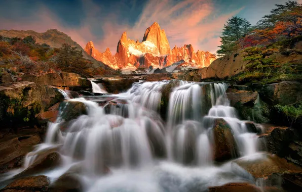 Trees, sunset, mountains, stream, stones, rocks, waterfall, Argentina
