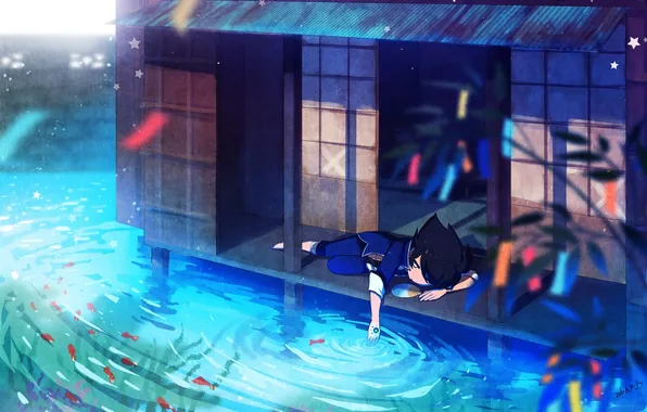 Picture water, fish, house, plant, anime, boy, art, lies
