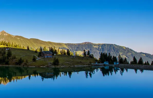 The sky, lake, house, reflection, hills
