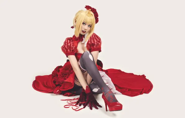 Girl, background, stockings, dress, blonde, Asian, sitting