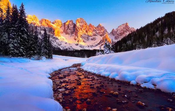 Forest, the sky, light, snow, mountains, river, tops, The Dolomites