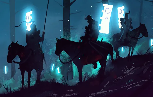 Night, Forest, Samurai, Art, War, Concept Art, Characters, Samurai